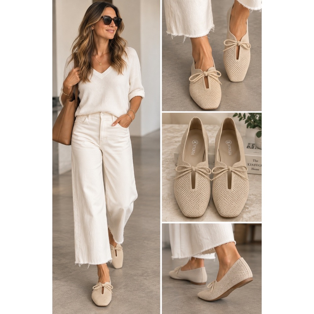 VIVAIA Women's Knit Lace Up Flats Size 41 Beige Cream Square Toe Shoes US 9.5